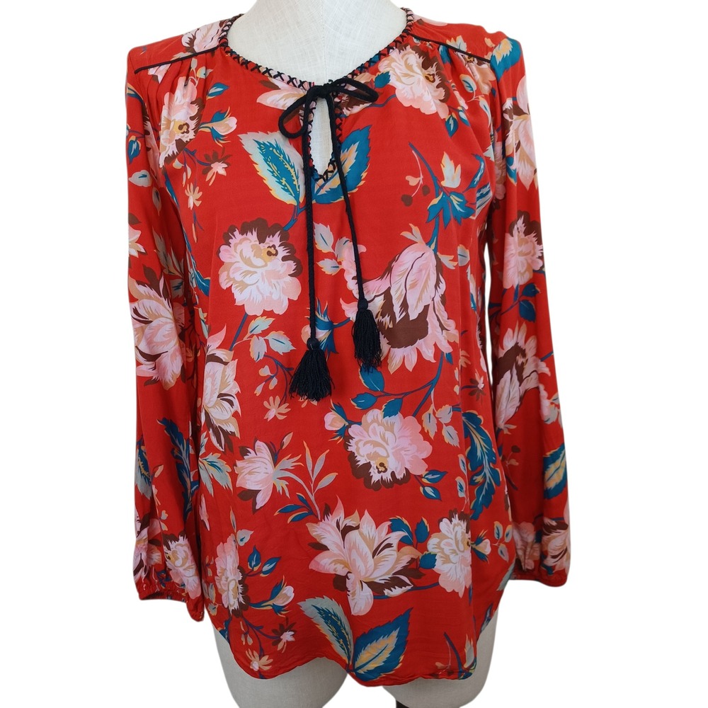 Feathers by Tolani Red Floral Print Tassel Tie Neck Long Sleeve Blouse Size S‎